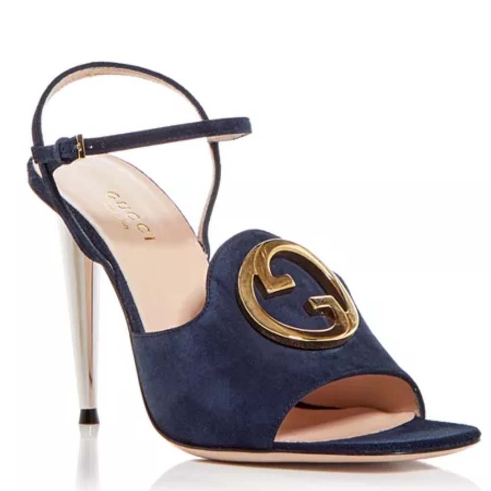 GUCCI Blondie Logo Blue Suede Heels - Picture 1 of 11